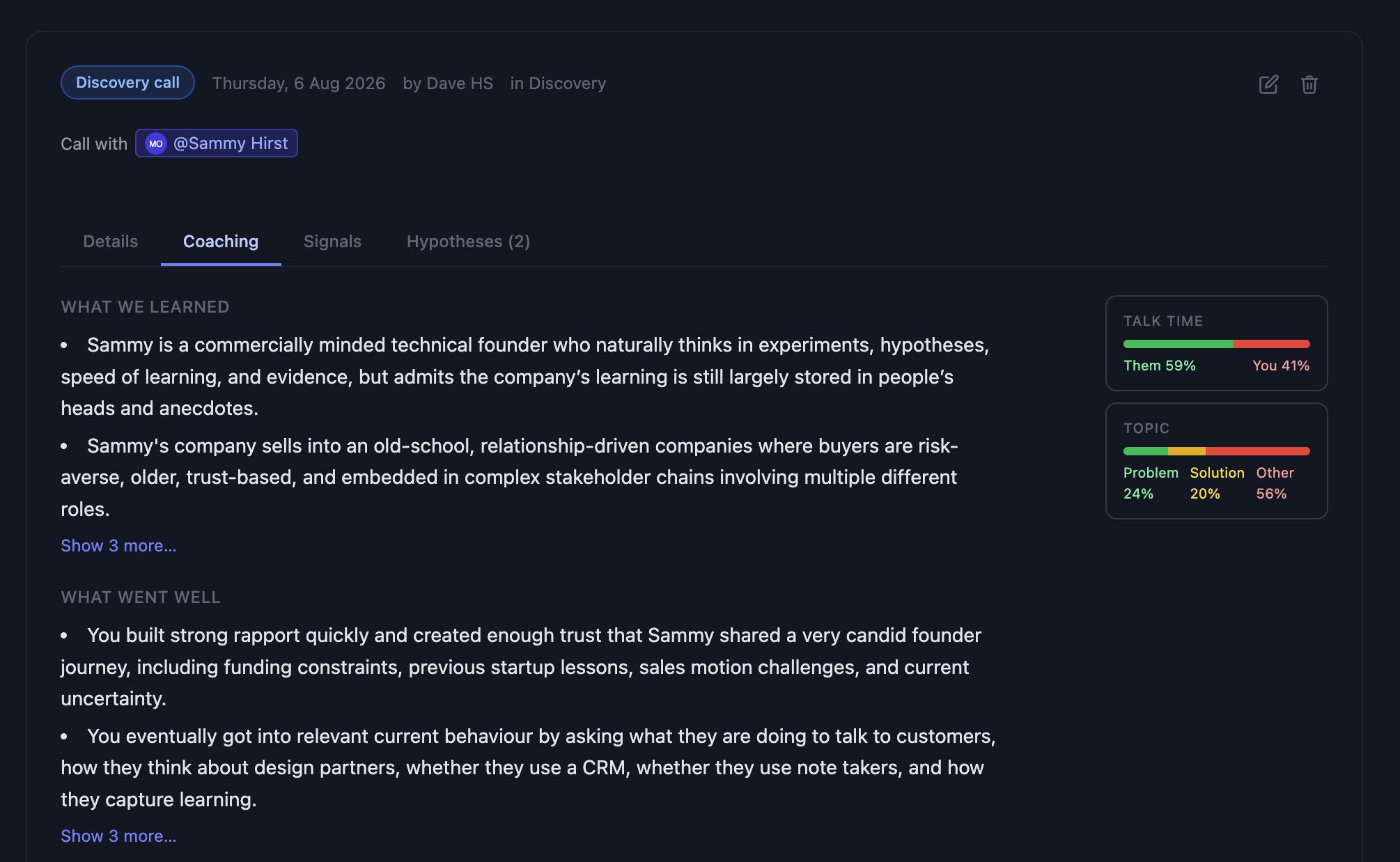 AI coaching feedback on a call in Heura